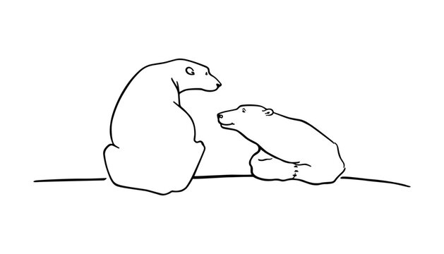 Vector card with hand drawn couple of cute polar bears communicating with each other. Beautiful ink drawing, sweet wild animals illustration