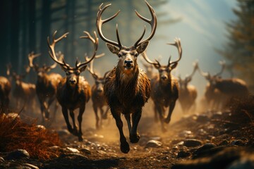 Shot of a large herd of deer running. Generative AI