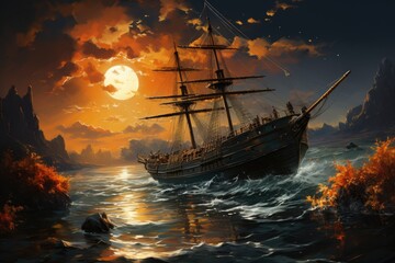 Obraz premium Ancient ship in the sea. Generative AI