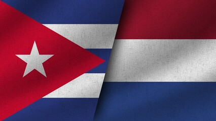 Netherlands and Cuba Realistic Two Flags Together, 3D Illustration