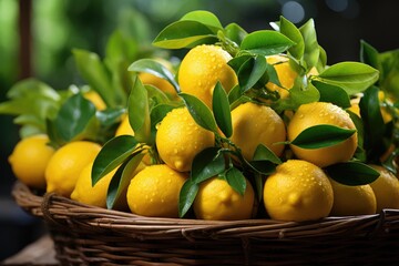Fresh organic lemons sold on a farmers market. Generative AI