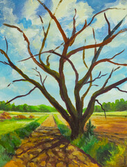 Oil paining road through the field to woods. Big old oak tree without leaves on sunny day near road painting with acrylic on canvas. Rural rustic landscape.