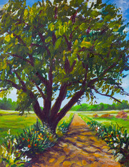 Oil paining Road through sunny summer wildflowers field with big oak tree handpainted by artist nature landscape acryic paint artwork illustration fine art impressionism