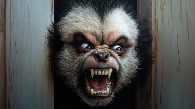 Raging angry malignant werebear panda lycan in transformative state trying to break through and ferociously attacking with terrifying crazy eyes and sharp teeth - generative AI 