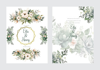 Arrangement white green of jasmine flowers and leaves at corner frame hand painting on wedding invitation card. Rustic wedding card.
