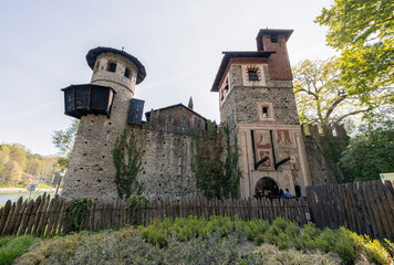 TURIN, ITALY APRIL 11, 2023 - View of the Medieval village inside the Park of Valentino in Turin (Torino), Italy