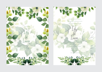 Arrangement white green of jasmine flowers and leaves at corner frame hand painting on wedding invitation card. Rustic wedding card.