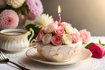 birthday cake with candle and flowers generated by AI tool