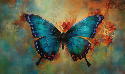 Obraz na płótnie Canvas a painting of a blue butterfly with orange flowers on it. generative ai