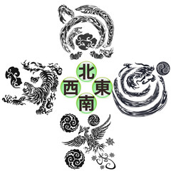 風水,四神図,白黒,