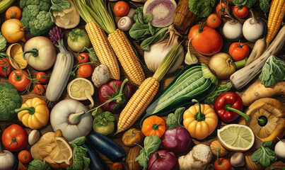  a painting of a variety of vegetables and fruits and vegetables.  generative ai