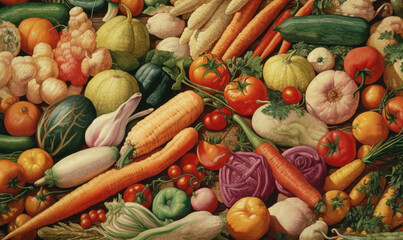  a painting of a bunch of vegetables on a table top.  generative ai