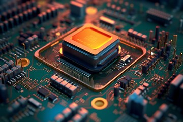 Fototapeta na wymiar Ai PC Processor Chip Close View With Orange Background