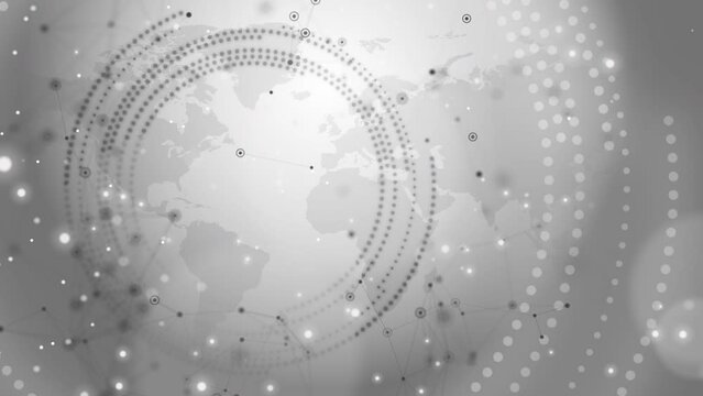 World map on white background with circular animation of dots and plexus lines. Looped motion graphics.