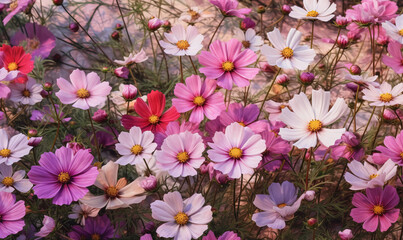  a bunch of pink and white flowers in a field of grass.  generative ai