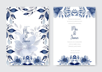 Set of floral wedding invitation card. Elegant blue watercolor flower and leaves