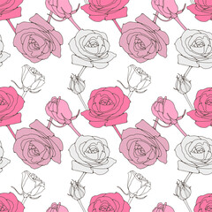 Girly seamless pattern with pink and white roses. Pattern for textiles, wrapping paper, wallpapers, covers, decor, item designs