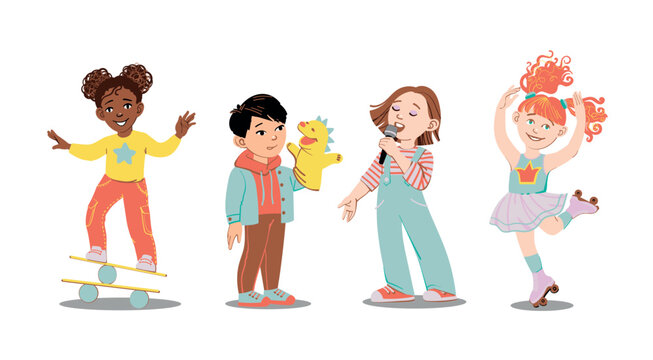 School kids performs in talent show. Girl singing, Boy acting with puppet, young dancer on roller skates and girl with balancing skills. Vector cartoon illustration isolated on white background 