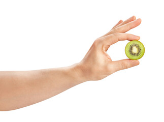 sliced kiwi in hand path isolated on white