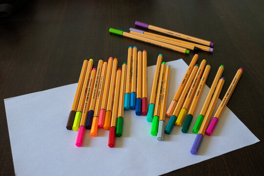 Picture of colorful point 88 pens designed by Stabilo along with a blank white paper for study, art, journaling, diary, bullet journal, planner, drawing, mandala, etc.