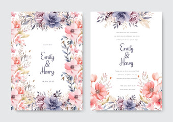 Purple pink wedding invitation template with iris flower. Watercolor flower and leaves