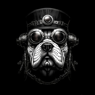bulldog wearing steampunk hat and google glasses