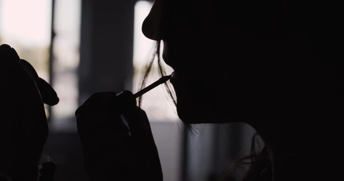 Girl putting on lipstick. Silhouette lady applying make up on mouth.