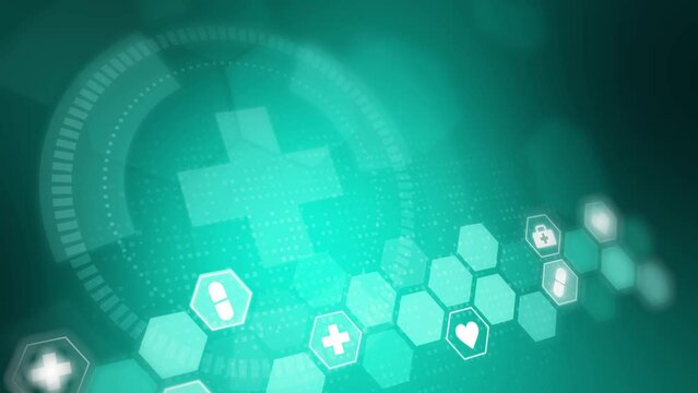 Loop medical turquoise background and healthcare technology with flat hexagon symbols. Concept and idea for health care business, innovation medicine. 3D animation of medical cross and icons.