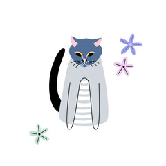 Cute cartoon cat with flowers. Childish card with animals.