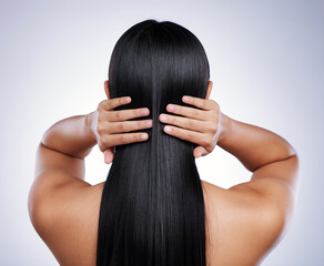 Woman, hair and beauty, back and shine, hairstyle with cosmetics and hands on white background....