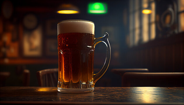 Glass mug of beer with foam in a bar, pub, brewery. Lager drink, pint, alcohol close-up. Generative AI