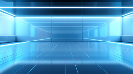 3D rendering of a futuristic corridor with glowing lights and reflections.