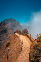 Hiking trail through the mountains to Madeiras highest peak Pico Ruivo 1861 meters above sea level....