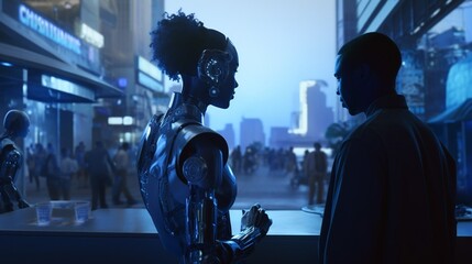 capturing a human-like robot interacting with individuals in a bustling cityscape during golden hour .Generated by Ai