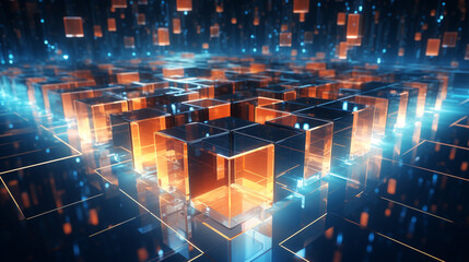 3D rendering of glowing cubes in space. Futuristic background. 3D illustration