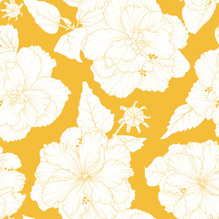 Seamless pattern of terry hibiscus on yellow background.  Hibiscus is changeable background. Floral print for fabric, wallpaper, wrapping paper, home decor and other designs. - 620943668