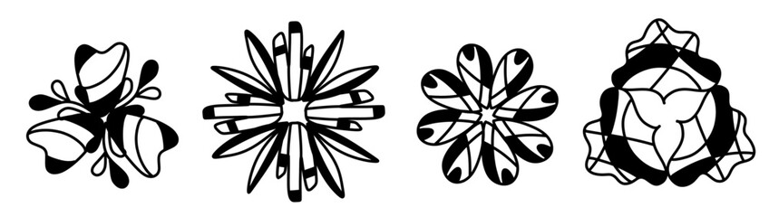 Set with abstract flowers in hand drawn outline style. Vector illustration