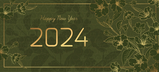 2024 New Year floral cherry flower gold gradient numbers on green background. - 620943872