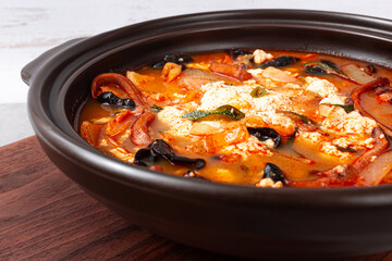 Jjambbong soft tofu with soft tofu in jjambbong soup with seafood