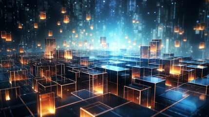 Obraz na płótnie Canvas Abstract technology background with glowing cubes. 3d rendering toned image double exposure