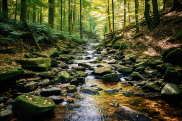 Obraz premium Water from a stream runs among stones in a forest photography
