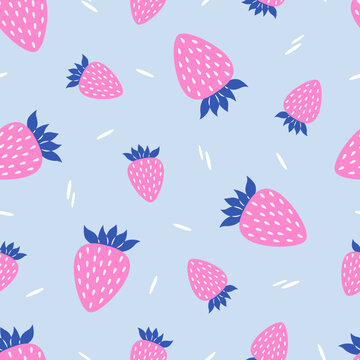 Strawberries seamless pattern. Cute and simple summer background. Suitable for kids' projects. Vector illustrations in pink and blue color. 