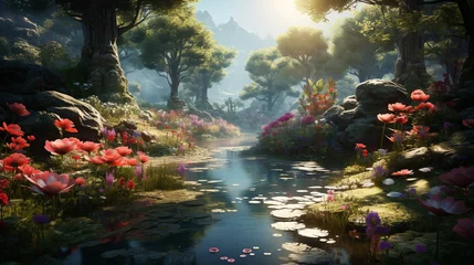 Fototapete Fantasielandschaft Fantasy landscape with a pond and red flowers ai generated