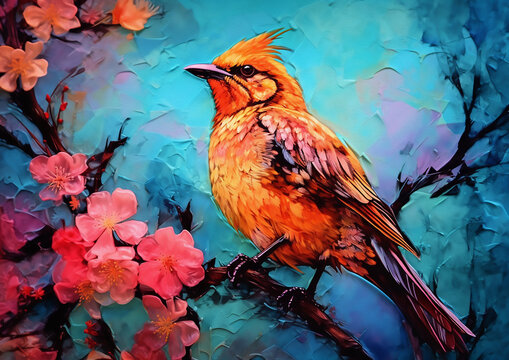 Beautiful bird perched on a branch of a cherry blossom tree, alcohol ink and impasto style painting, Generative Ai
