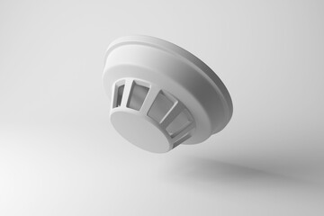 White smoke detector floating in mid air on white background in monochrome and minimalism. Illustration of the concept of fire safety and prevention
