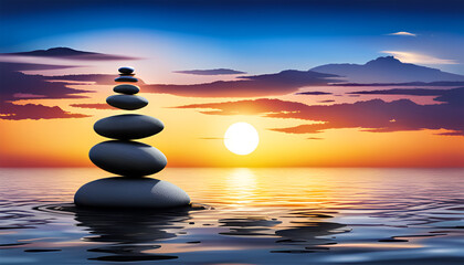 Fototapeta na wymiar Zen stone in balance in peaceful landscape - Generative AI