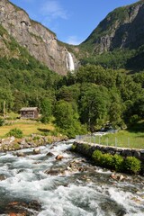 Beautiful landscape in Norway with waterfall and stream