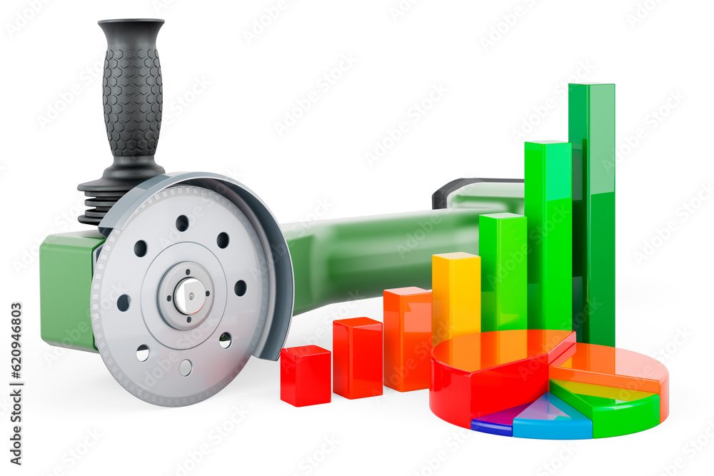 Poster angle grinder with growth bar graph and pie chart. 3d rendering