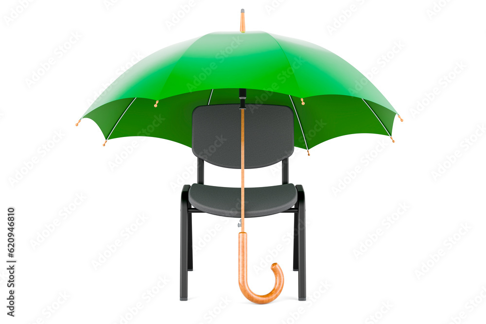 Poster Office Chair under umbrella. 3D rendering