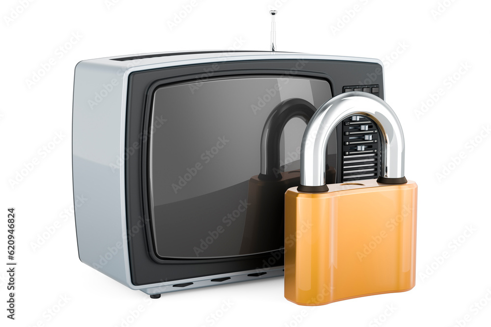 Poster retro tv set with padlock. 3d rendering